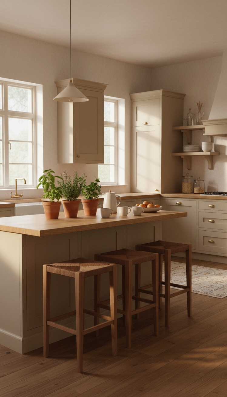 warm neutral kitchen - Warm Beige Kitchen Morning Glow - Warm beige cabinets hug the walls here, their...