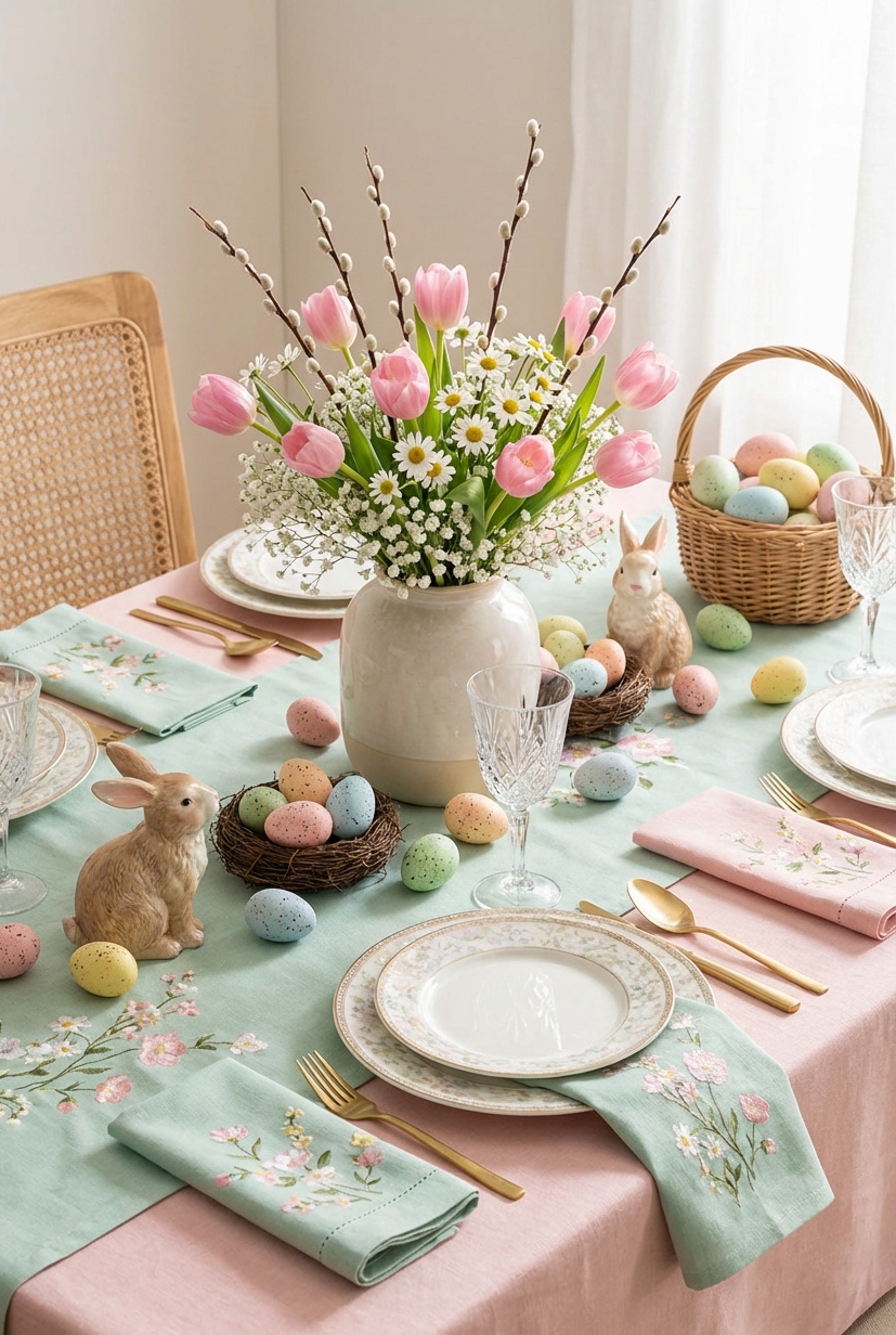 21 Ways to Decorate for Easter in 2026 - Soft Pastel Linens Create Easter Foundation - These pastel linens create a soft foundation for...