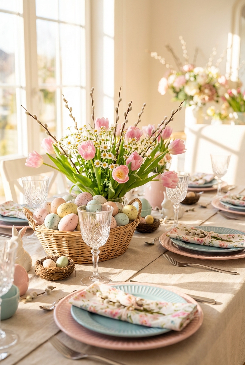 21 Ways to Decorate for Easter in 2026 - Soft Plates Welcome Spring's Pastel Hues - These pastel plates practically sing of spring. Soft...