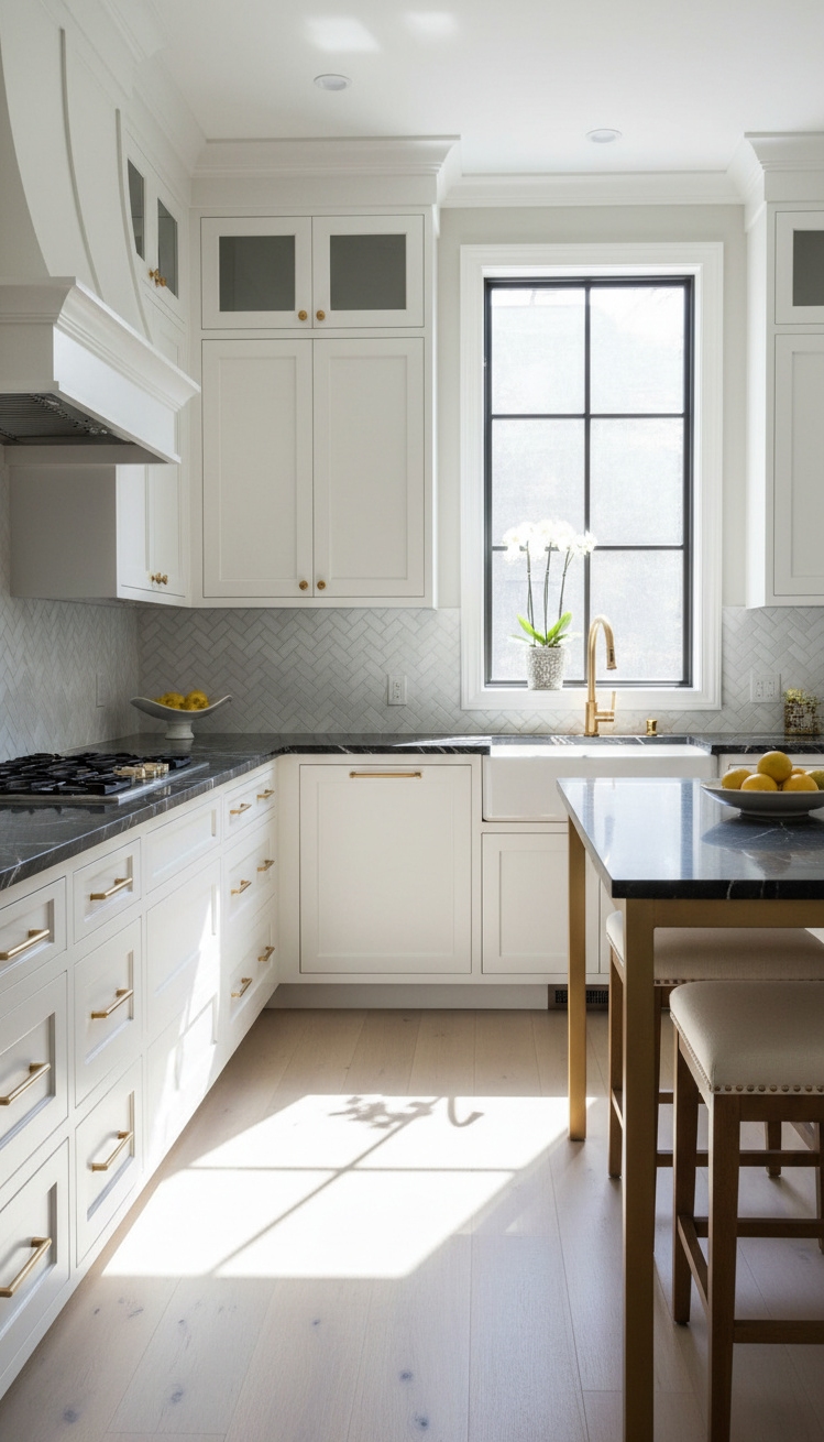 white kitchens with black countertops - White Kitchens, Bold Black Countertops - These black marble countertops steal the show. The...