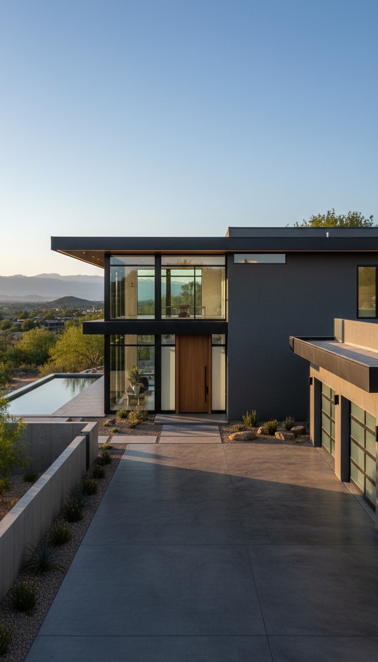 Stucco texture wall ideas - Stucco Texture: Modern Wall Design - The dark stucco finish on this modern house...