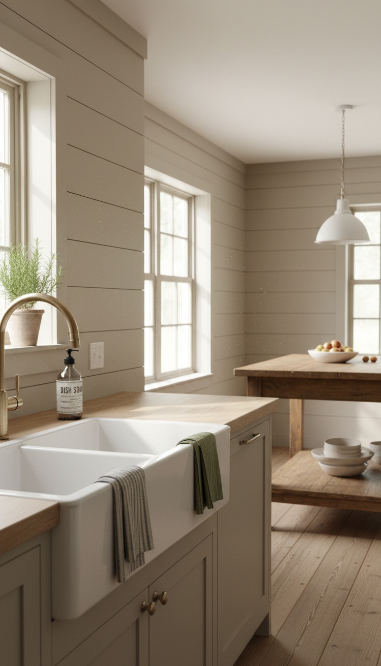 warm neutral kitchen - Warm Neutral Shiplap Kitchen - The shiplap walls in soft gray-beige wrap the...