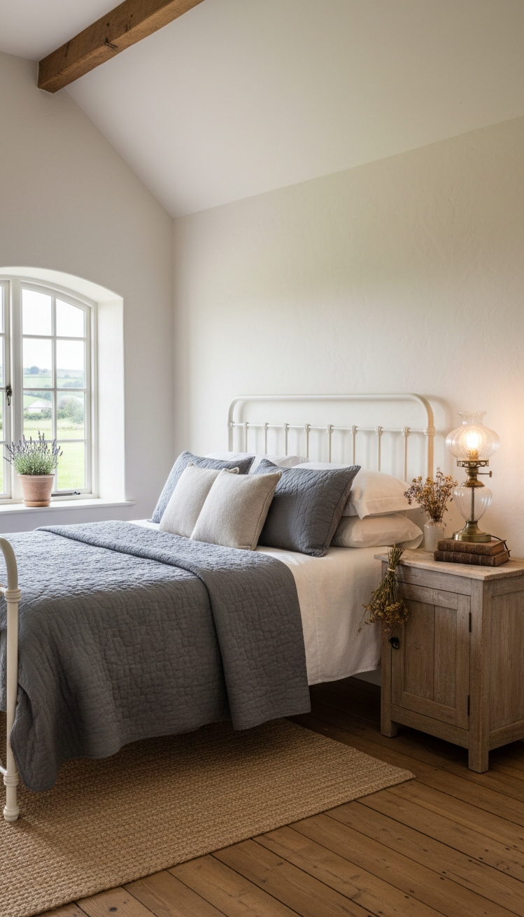 white and gray bedroom - Iron Bed Frame: Farmhouse Bedroom - The white iron bed frame anchors this farmhouse...