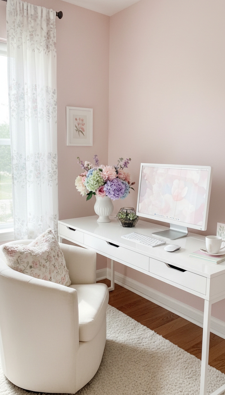 women's home office ideas - Soft Pink Walls: Inviting Home Office - These light pink walls feel soft and inviting,...