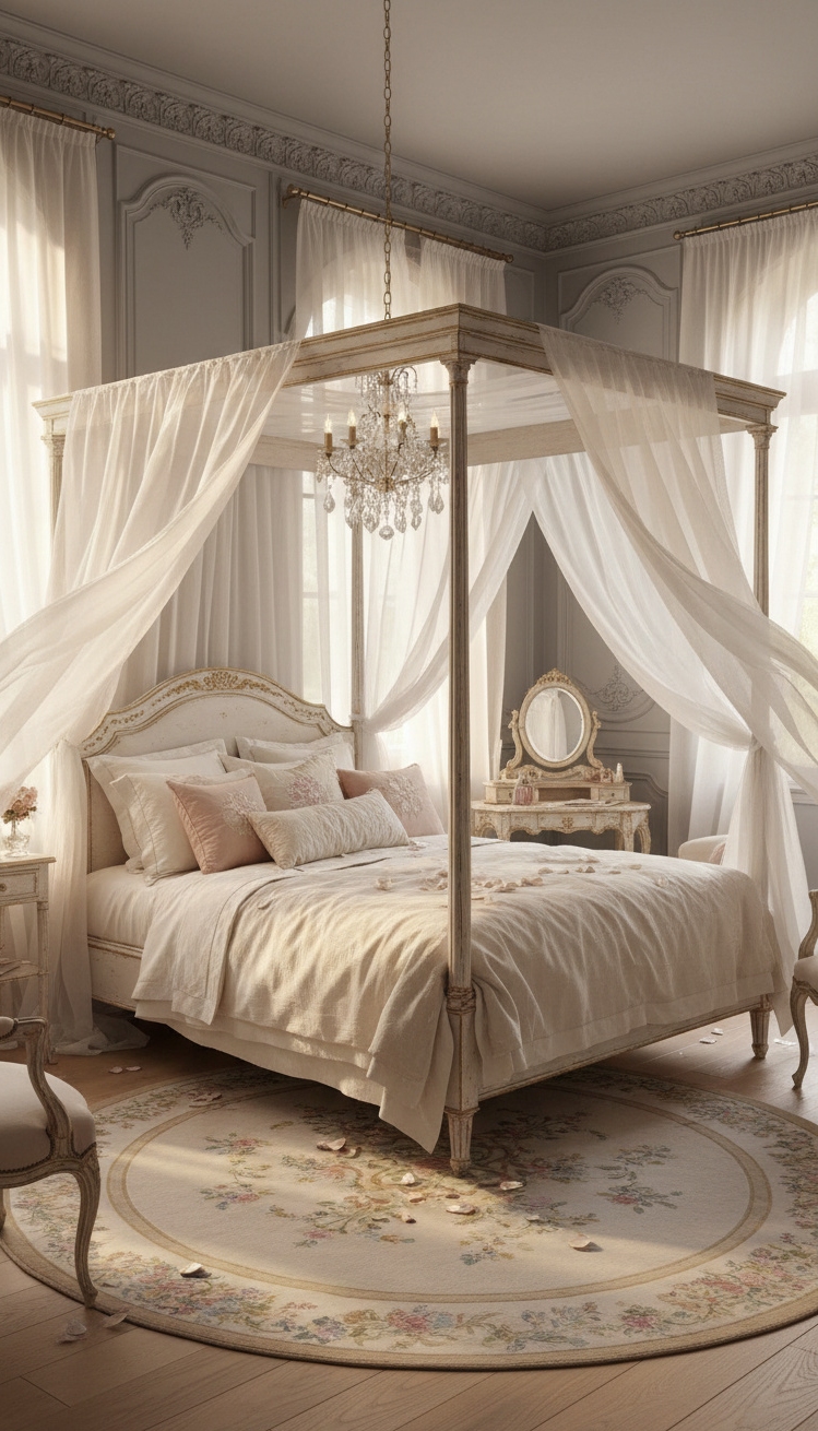 french bedroom aesthetic - Four-Poster Beds: French Bedroom Style - The four-poster bed immediately grabs your attention. Soft,...