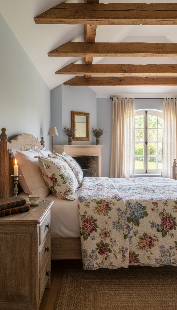 french bedroom aesthetic - French Bedroom: Rustic Charm and Cozy - The exposed beams grab your attention right away....
