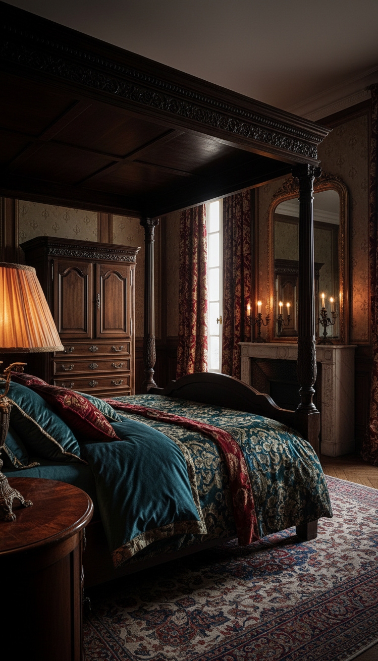 french bedroom aesthetic - French Bedroom: Dark Wood & Drama - The dark wood furniture anchors this French bedroom...