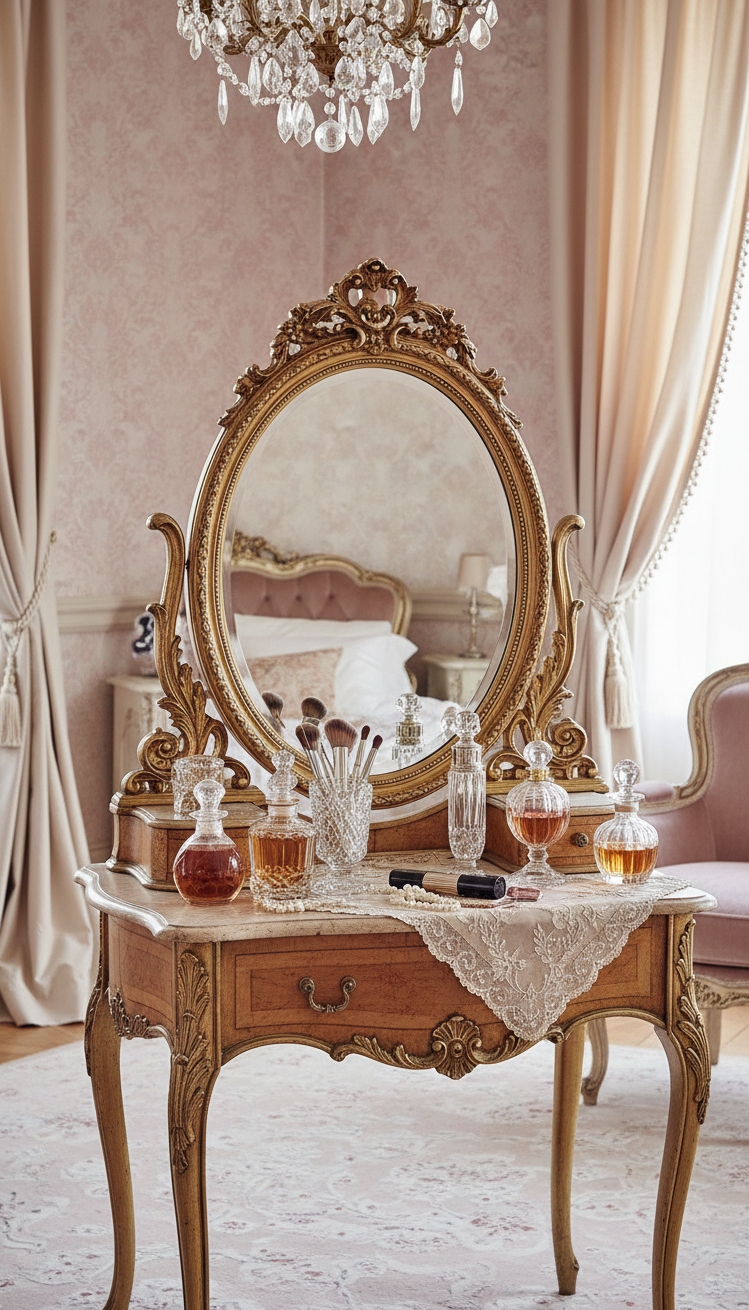 french bedroom aesthetic - French Bedroom: Glamour and Femininity - The vanity table anchors this French bedroom scene....