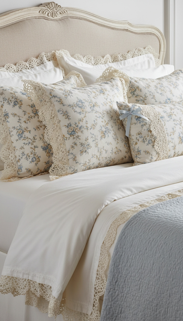 french bedroom aesthetic - French Bedroom: Lace and Comfort - These embroidered pillows practically beg you to sink...
