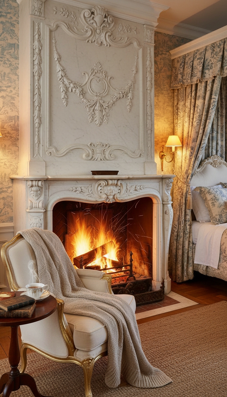 french bedroom aesthetic - French Bedroom: Warm Fireplace Design - The marble mantel commands attention, its ornate carvings...