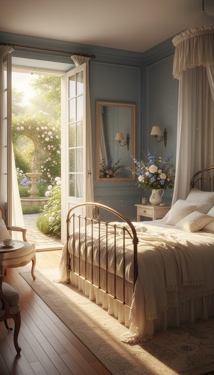french bedroom aesthetic - French Bedroom: Sunlight and Serenity - These open French doors pull you right into...
