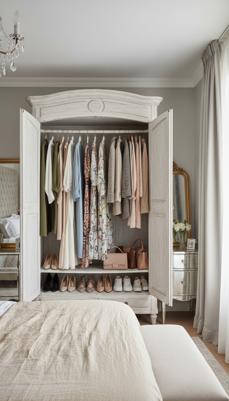 french bedroom aesthetic - French Bedroom: Stylish Outfit Displays - The open wardrobe steals the show, doesn't it....