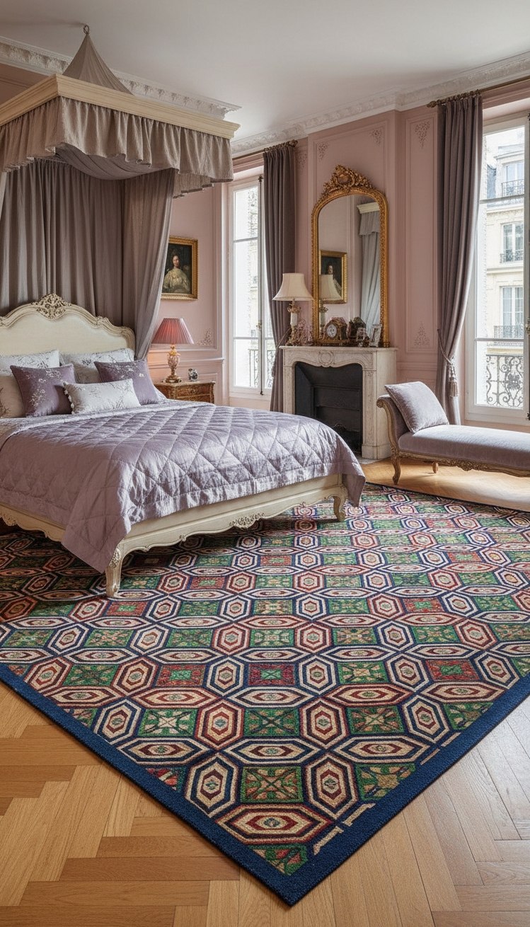 french bedroom aesthetic - French Bedroom: Patterned Rug Magic - The patterned rug grabs your attention right away....