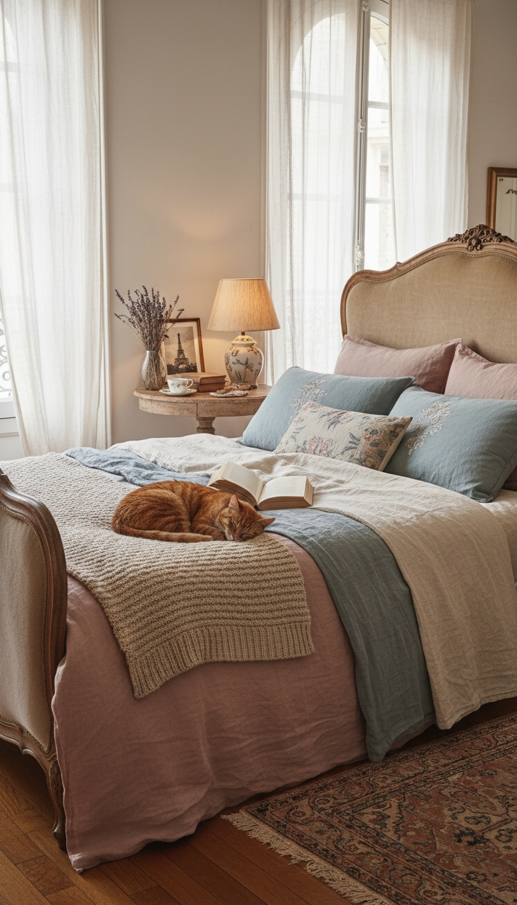 french bedroom aesthetic - French Bedroom: Cozy Cat Details - These white linen sheets look so soft you...