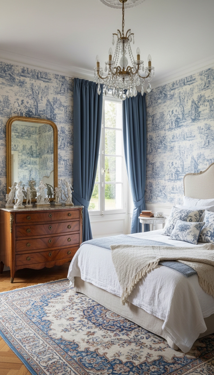 french bedroom aesthetic - French Bedroom: Classic Design Elements - Toile de Jouy wallpaper sets the tone in...