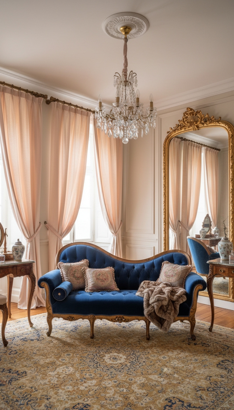 french bedroom aesthetic - French Bedroom: Elegance and Luxurious Design - The velvet chaise lounge just begs you to...