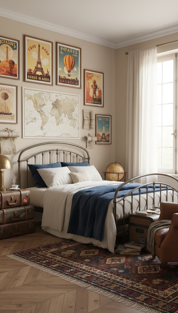 french bedroom aesthetic - French Bedroom: Worldly, Vintage Style - These travel posters steal the show, don't they....