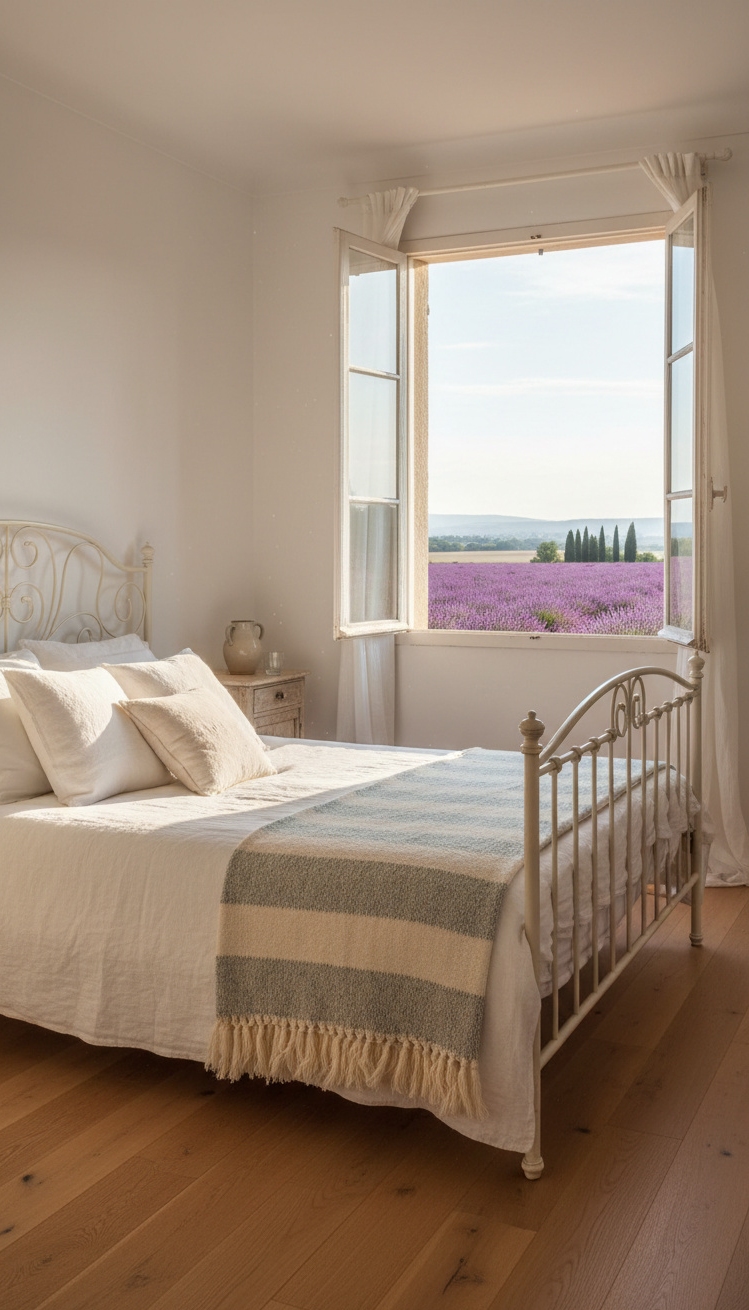 french bedroom aesthetic - French Bedroom: Light and Linen - The wrought iron bed frame anchors this French...