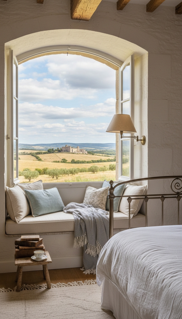 french bedroom aesthetic - French Bedroom: Countryside Comfort - These cushions look incredibly soft. The window seat,...