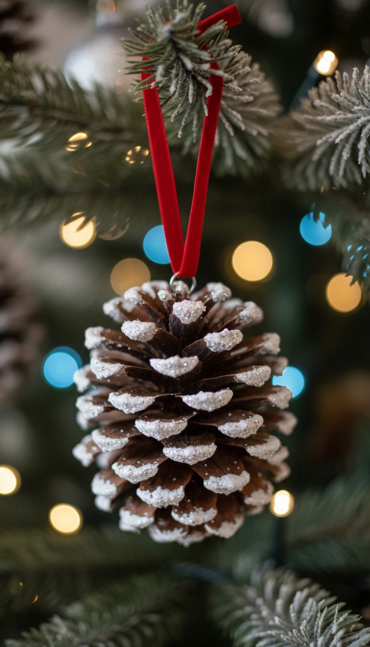 pine cone christmas decorations - Pine Cone Christmas: Natural Design Ideas - These frosted pine cones look so pretty hanging...