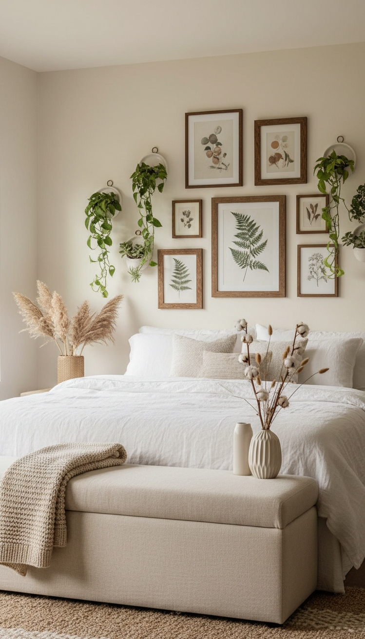 gallery wall bedroom ideas - Curated Prints Anchor Bedroom Gallery Wall - The gallery wall anchors this bedroom, drawing your...