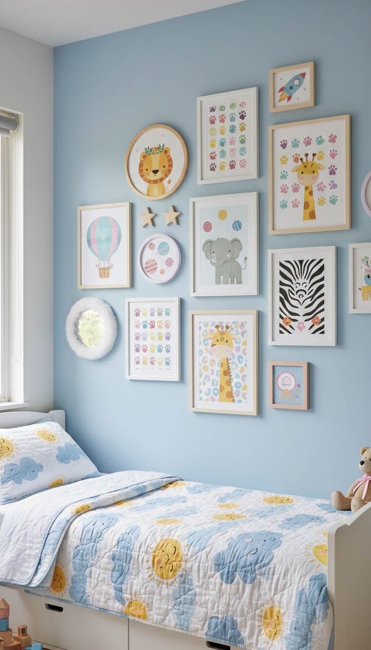 gallery wall bedroom ideas - Bright Artwork Pops Above the Bed - The gallery wall pops with bright artwork above...