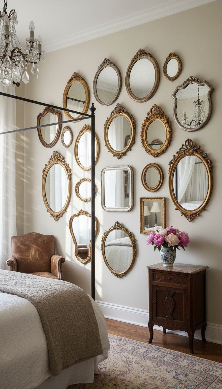 gallery wall bedroom ideas - Vintage Mirrors Steal the Bedroom Show - These vintage mirrors steal the show. Hung salon-style,...