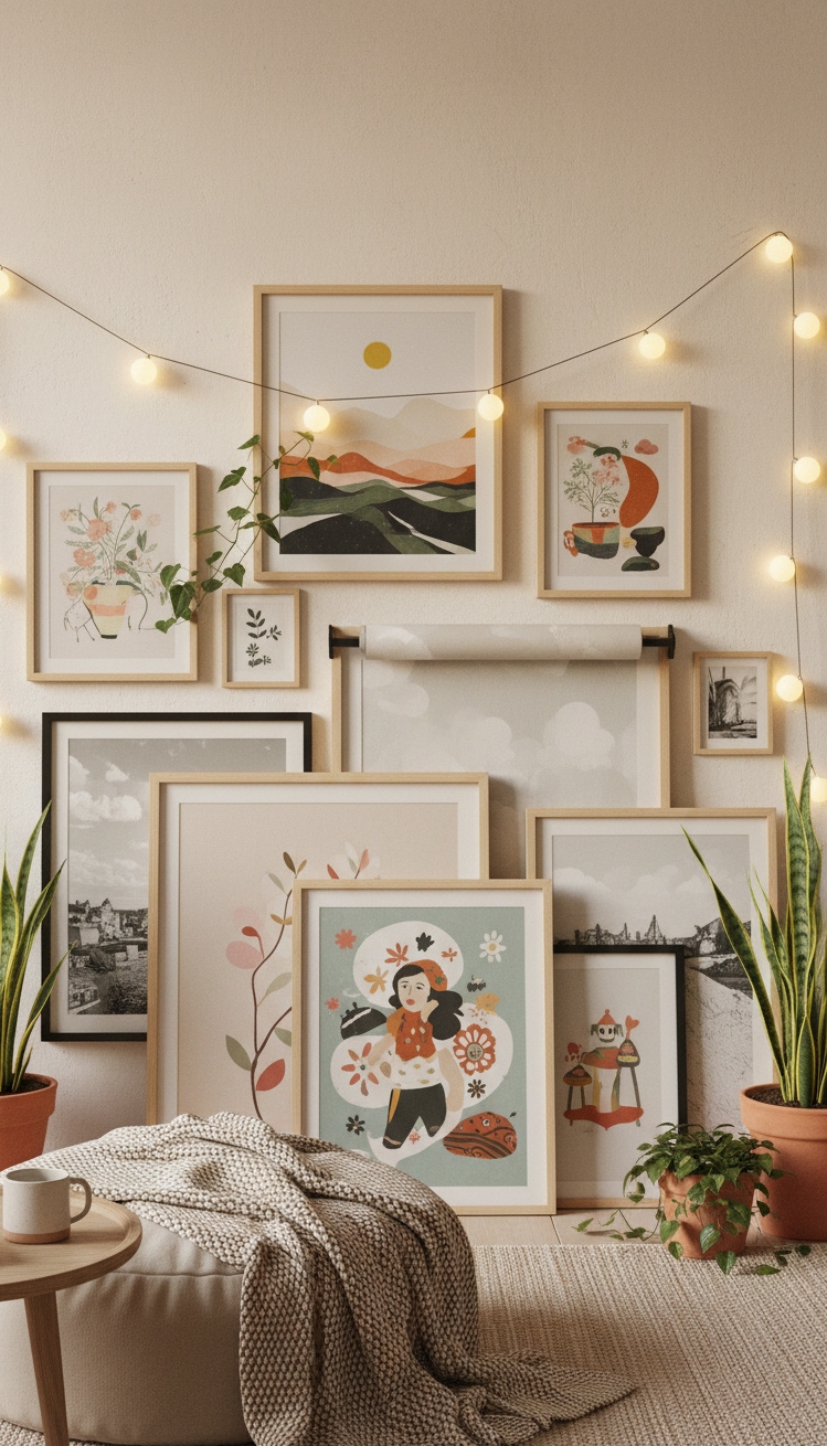 gallery wall bedroom ideas - Relaxed Framed Prints Create Bedroom Gallery - These framed prints and posters create a relaxed...