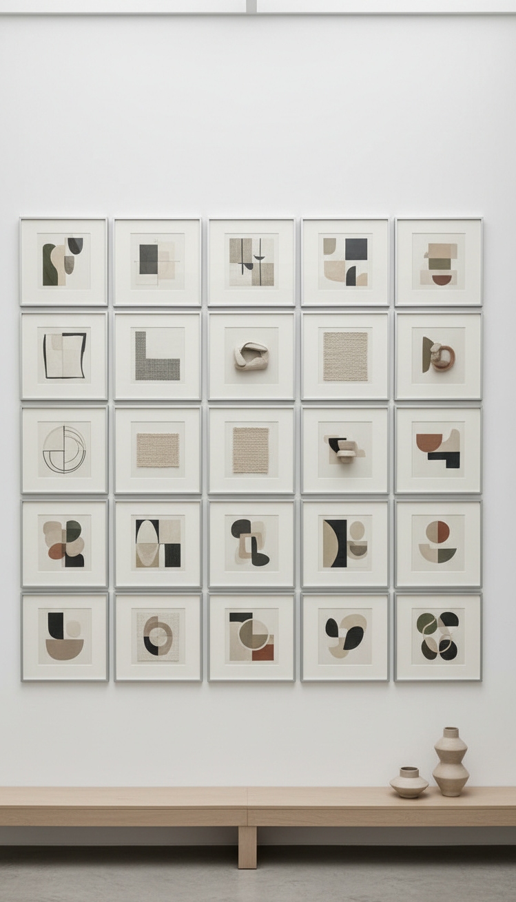 gallery wall bedroom ideas - Frames Hold Neatly Aligned Collection - These frames hold a collection of art, all...