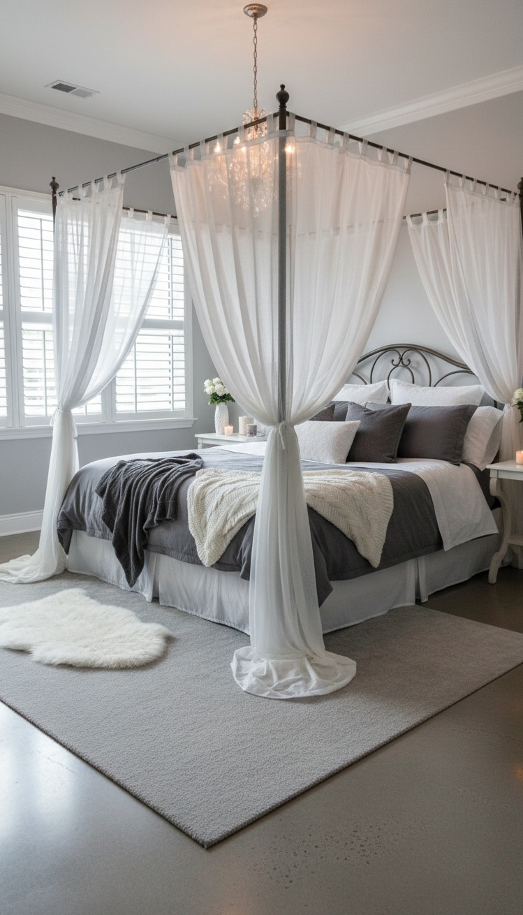 white and gray bedroom - Sheer Curtains Soften Bedroom Light - These sheer curtains soften the light filtering into...