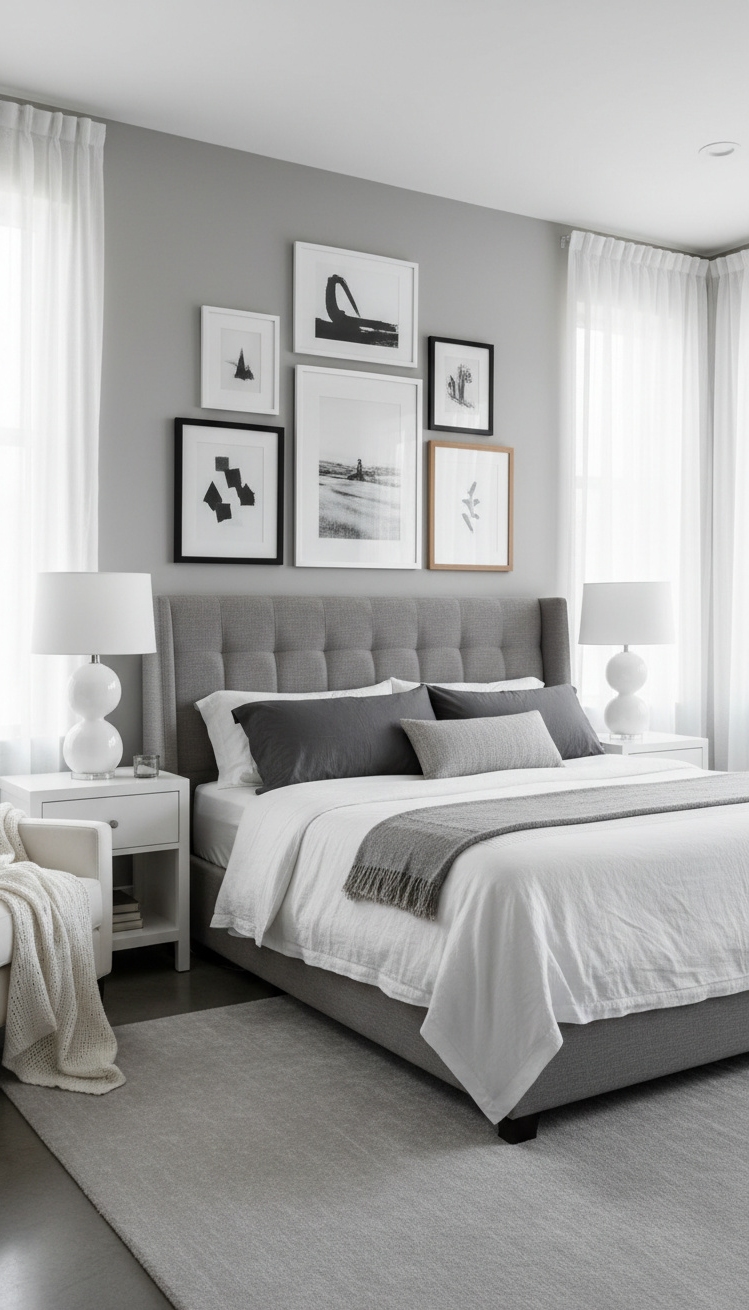 white and gray bedroom - Framed Art Draws the Eye Right - These framed artworks draw your eye right away....