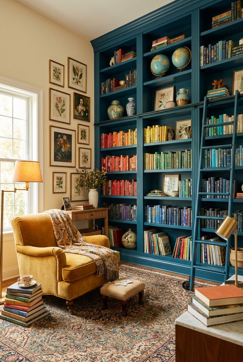 22 Ways to Design Your Dream Home Library - Warm, Inviting Bookshelves Stand Tall - These warm, inviting bookshelves stand tall, crafted from...