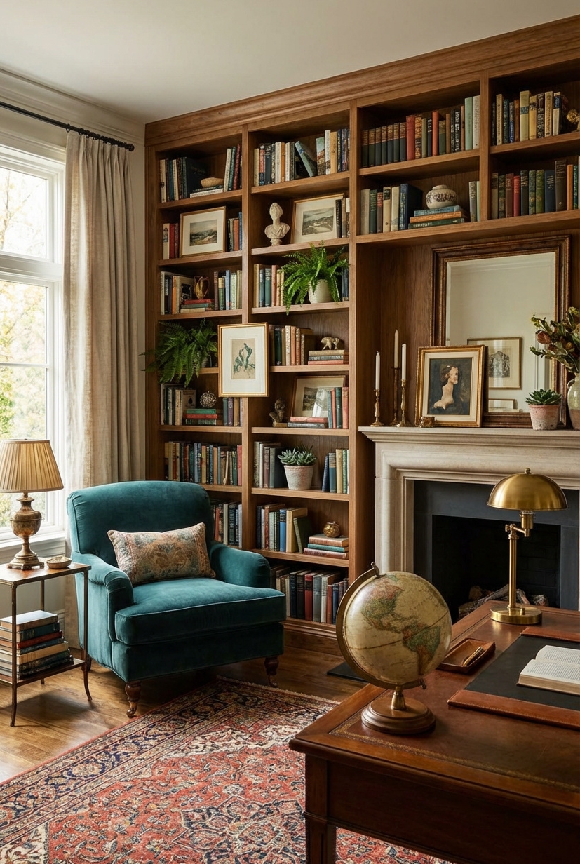 22 Ways to Design Your Dream Home Library - Crafted Shelves: Rustic Home Library - These shelves, crafted from reclaimed wood, give off...