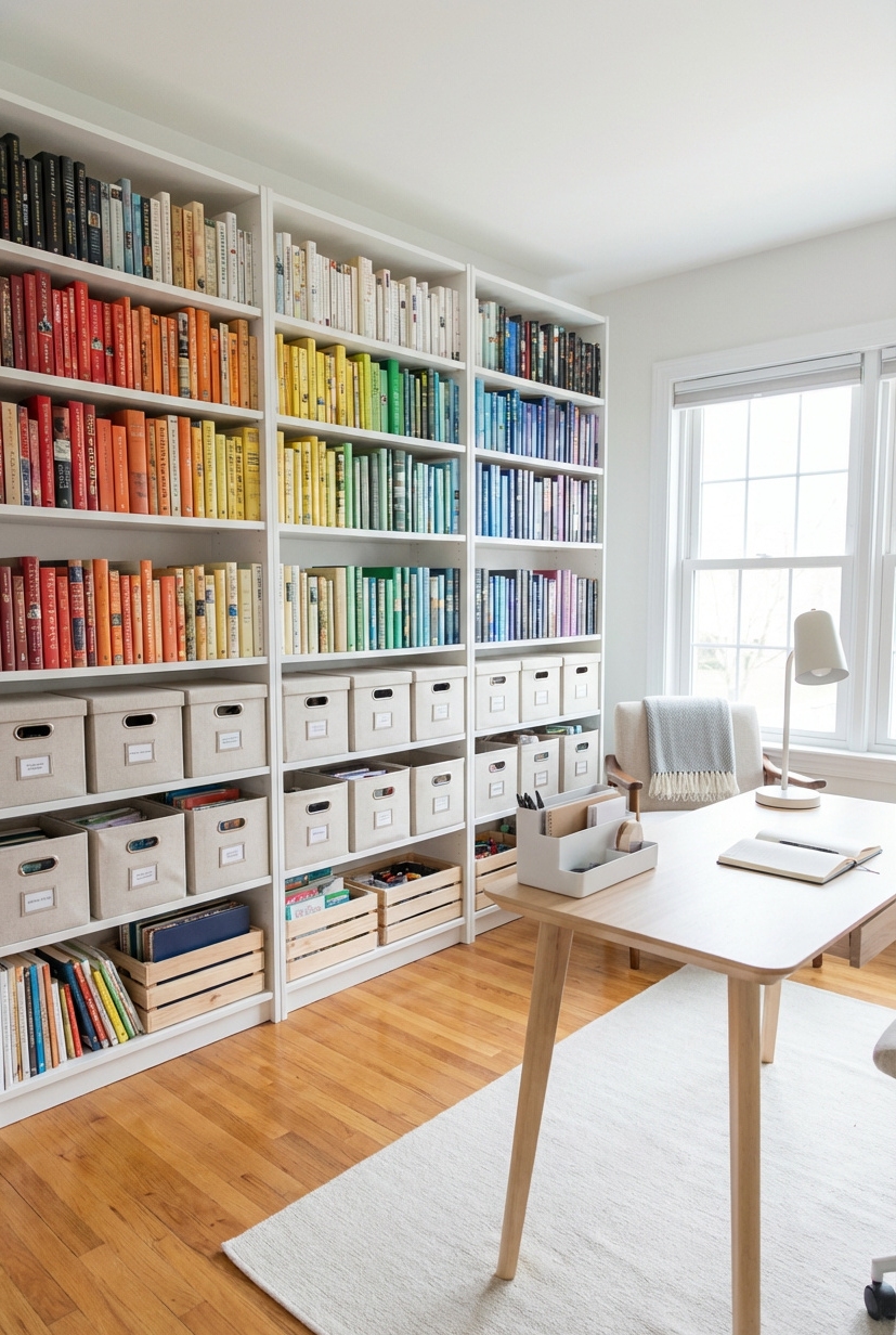 22 Ways to Design Your Dream Home Library - Dark Teal Bookshelves Stretch to Ceiling - These dark teal bookshelves stretch floor to ceiling,...