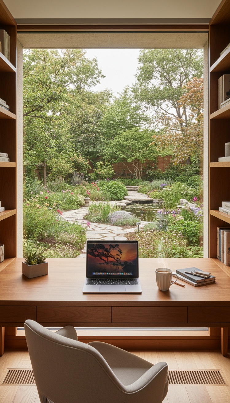 women's home office ideas - Garden View Dominates Home Office - The garden view dominates this home office, pulling...