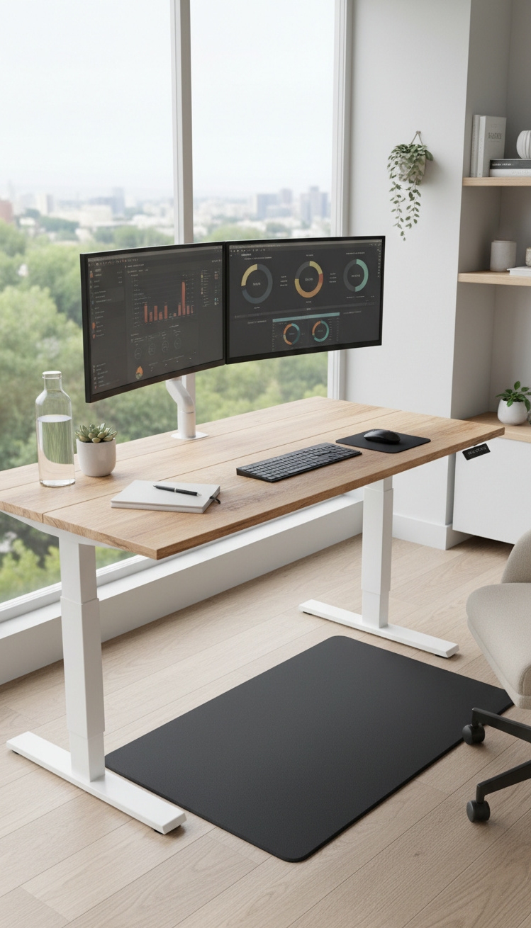 women's home office ideas - Light Wood Desk Anchors Airy Office - The standing desk anchors this home office, its...