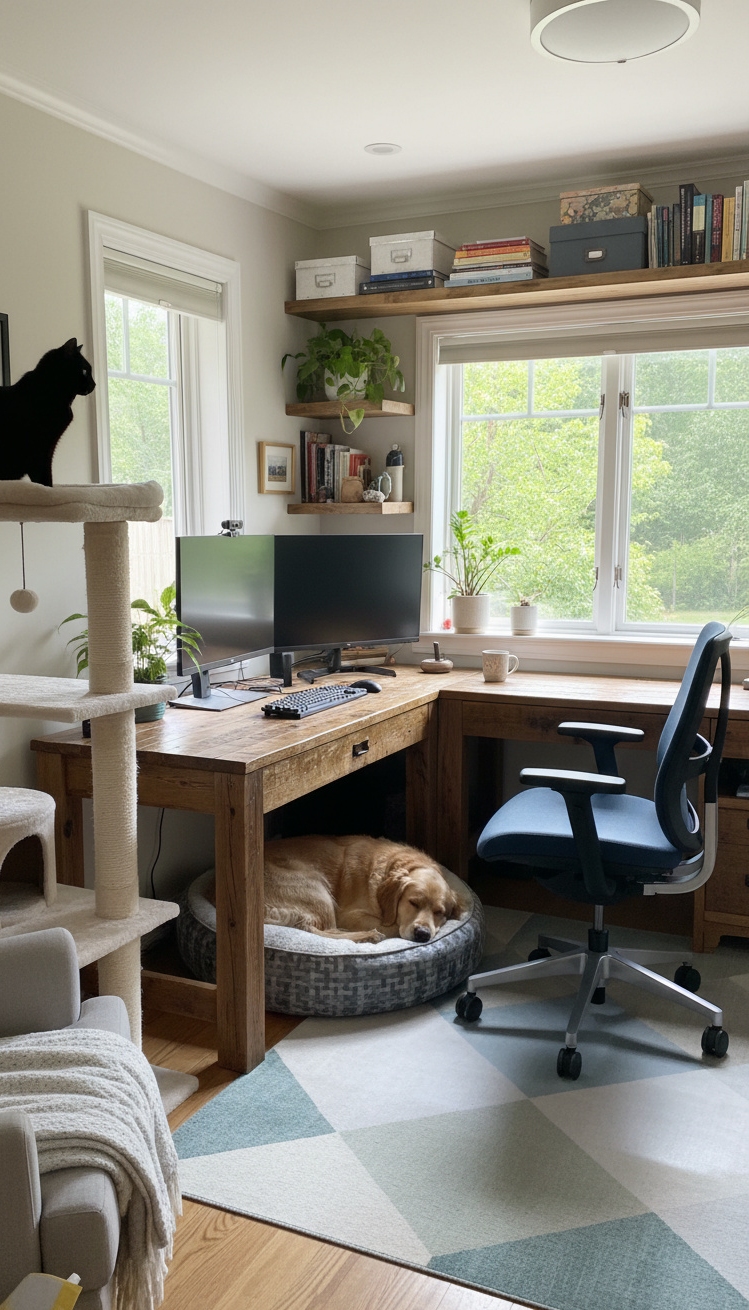 women's home office ideas - Warm Wood Floors Anchor the Room - These warm wood floors anchor the room, creating...