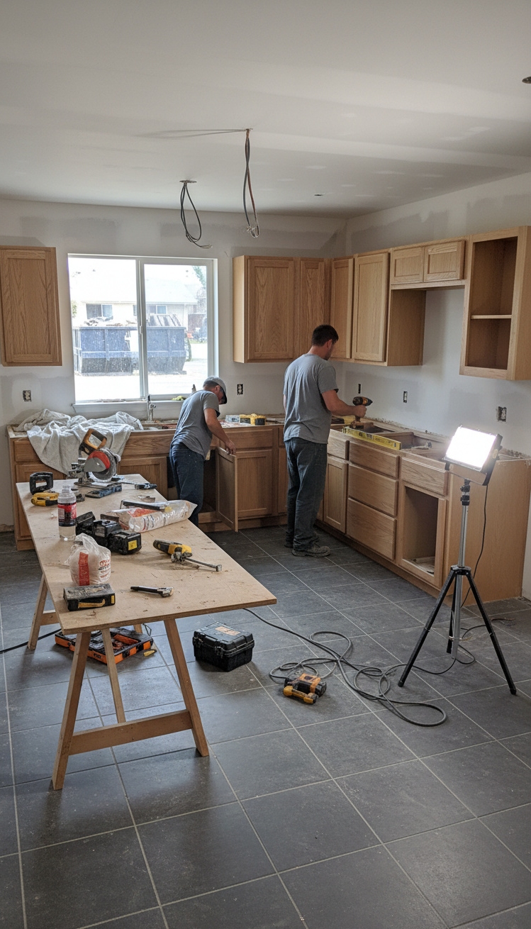 flooring that goes with oak cabinets - Flooring Ideas for Oak Cabinets - flooring that goes with oak cabinets - These dark gray tiles create a cool foundation....