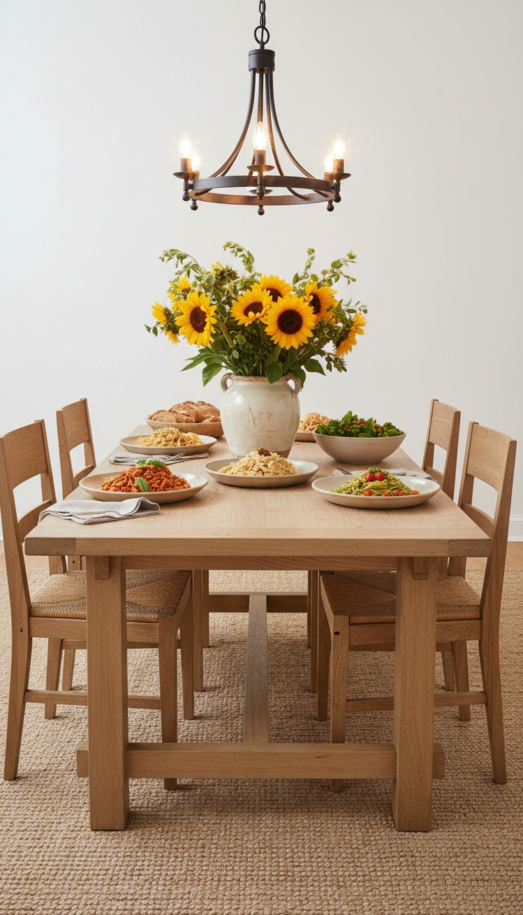 warm neutral kitchen - Warm Neutral Kitchen Table Glow - This family-style kitchen table anchors the room, its...
