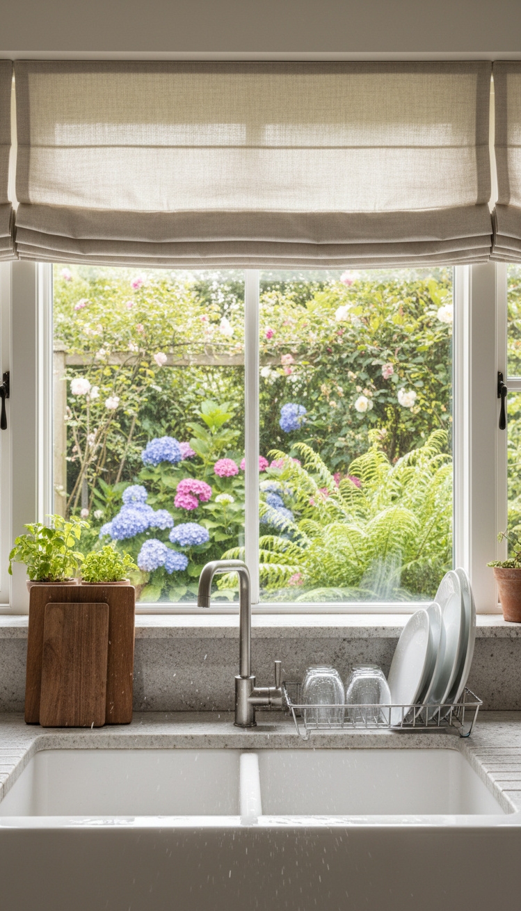 warm neutral kitchen - Garden View Framed by Neutrals - The window over the sink frames a leafy...