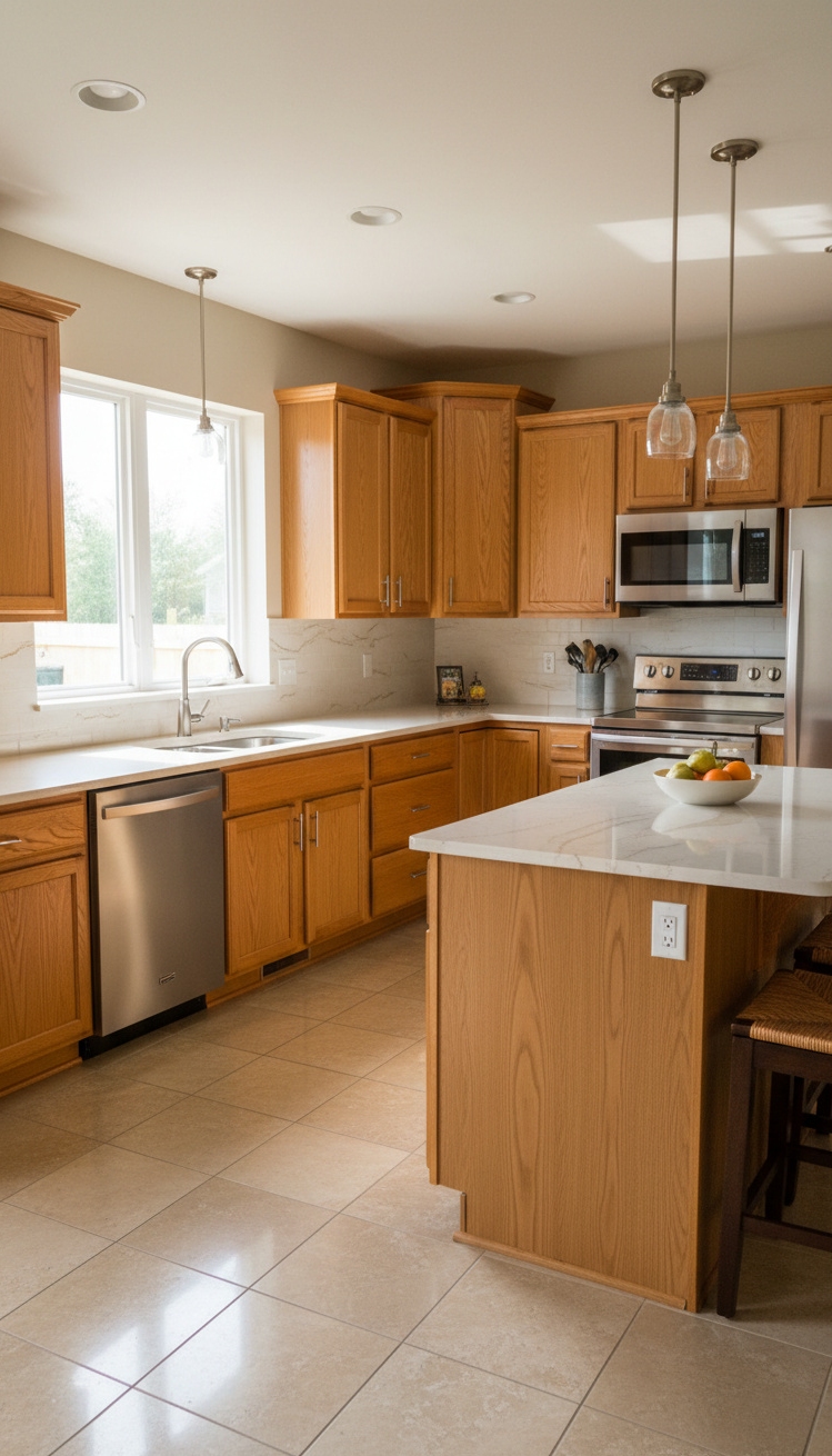 flooring that goes with oak cabinets - Flooring Ideas for Warm Oak Cabinets - flooring that goes with oak cabinets - These oak cabinets glow with a honeyed warmth....