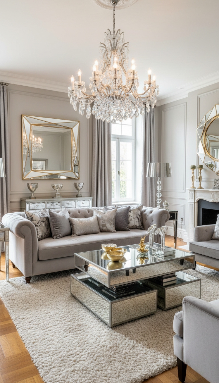 Light Grey Couch Living Room Ideas - Light Grey Couch: Glam Living Rooms - The light grey tufted sofa grabs your attention...