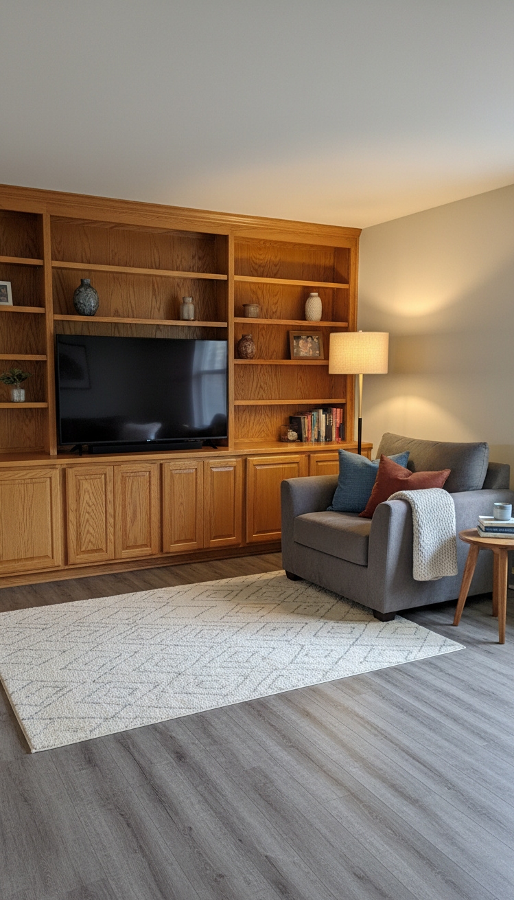 flooring that goes with oak cabinets - Flooring Ideas for Honey Oak Cabinets - These gray laminate floors offer a cool contrast...