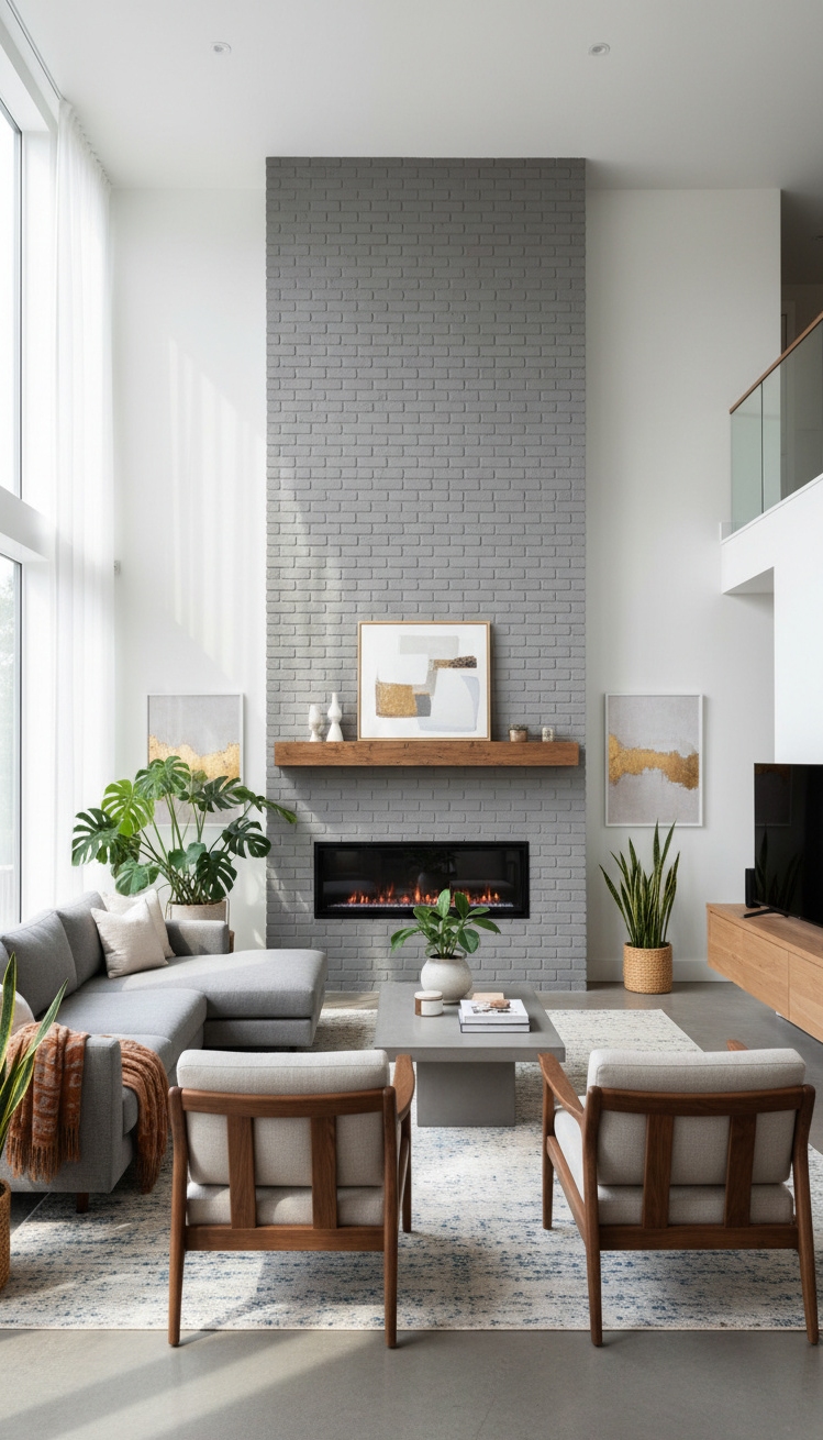 painted brick fireplace - Gray Brick Fireplace Design Ideas - The painted brick fireplace anchors this living room...