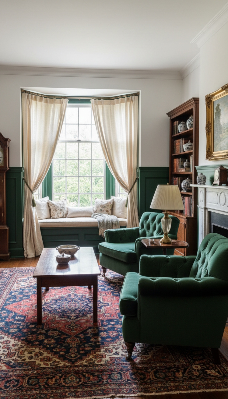 green living room - Green Wainscoting: A Living Room Idea - These dark green walls create a cozy, grounded...