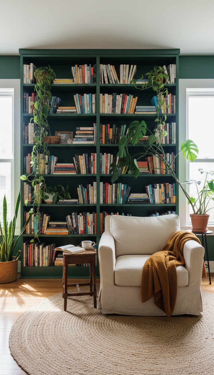 green living room - Green Living Room: Books and Plants - The green bookcase commands attention, doesn't it. Books...