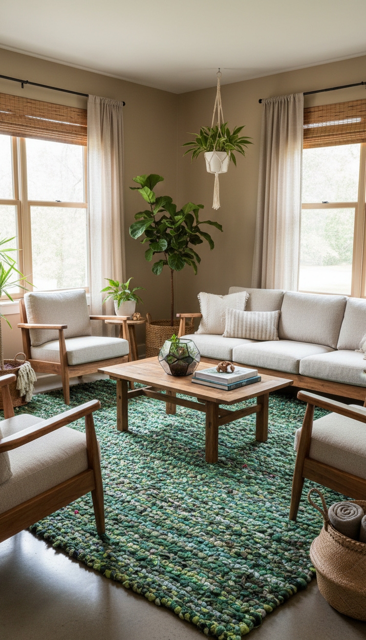 green living room - Green Living Room Design Ideas - The green rug anchors the room with its...