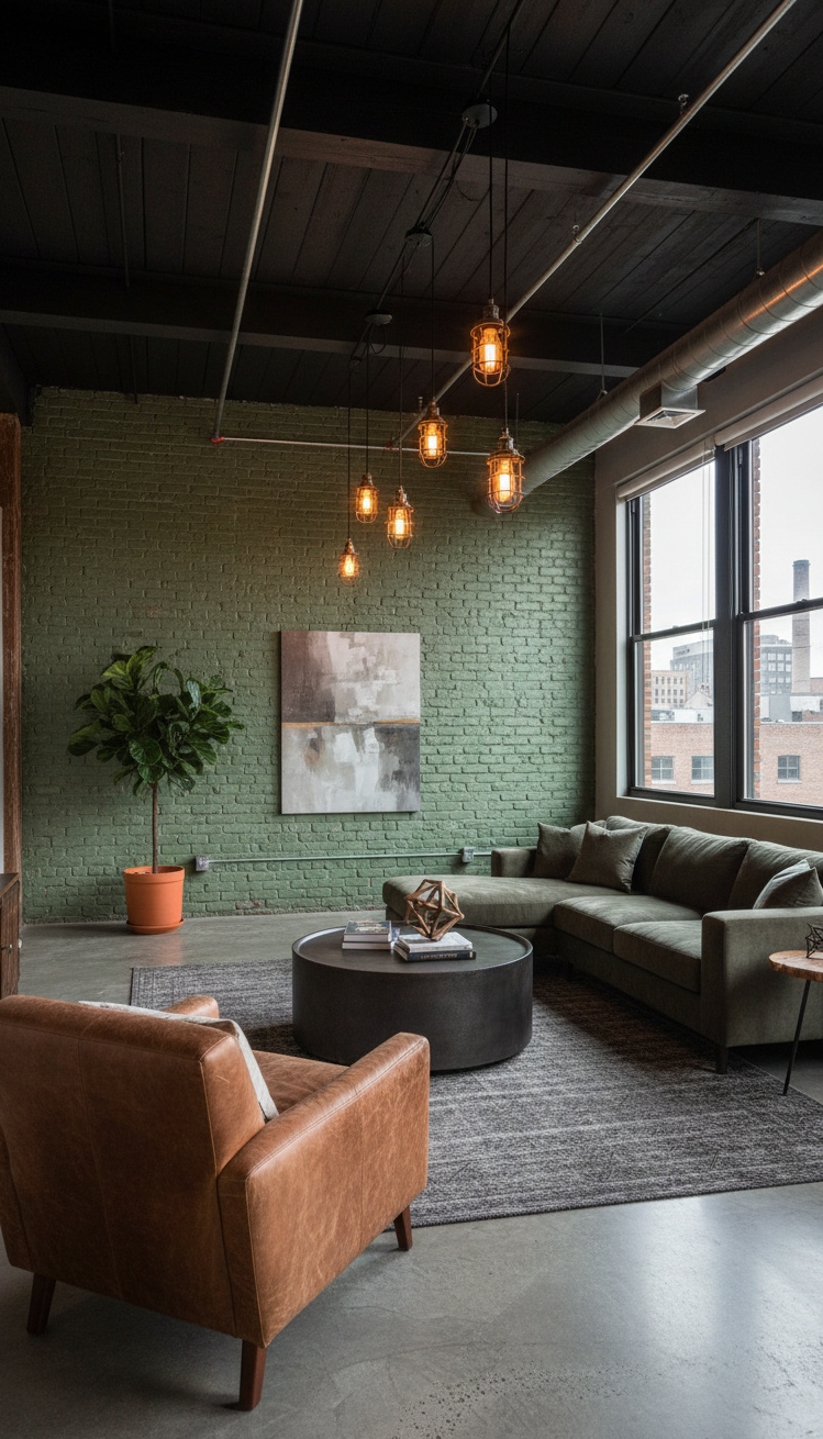 green living room - Green Brick Wall, Loft Living Room - The green brick wall makes this living room....