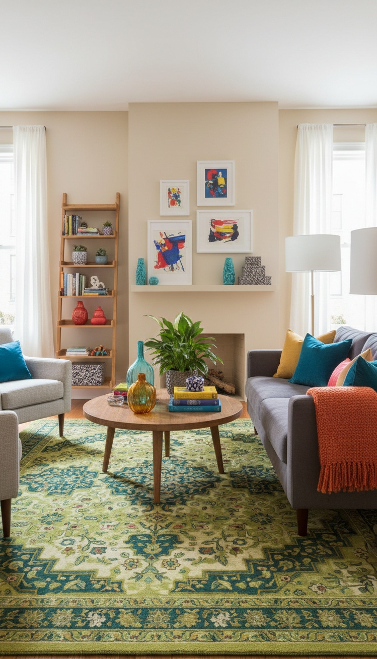 green living room - Green Rug, Balanced Living Room - That patterned rug really ties the room together,...