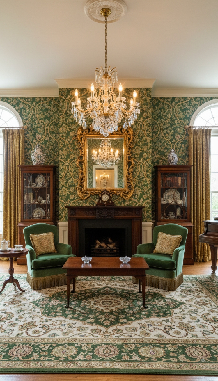 green living room - Green Wallpaper: A Living Room Statement - These walls sing with a muted green pattern,...